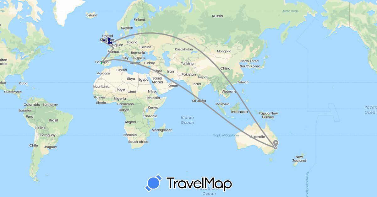 TravelMap itinerary: driving, bus, plane in United Arab Emirates, Australia, Spain, France, United Kingdom, Ireland, Portugal (Asia, Europe, Oceania)